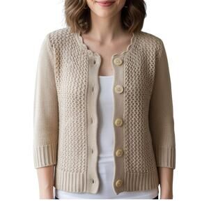 GAP Sweater Women’s Small/Med Tan Button-Up Cardigan Open Knit Sheer Lightweight